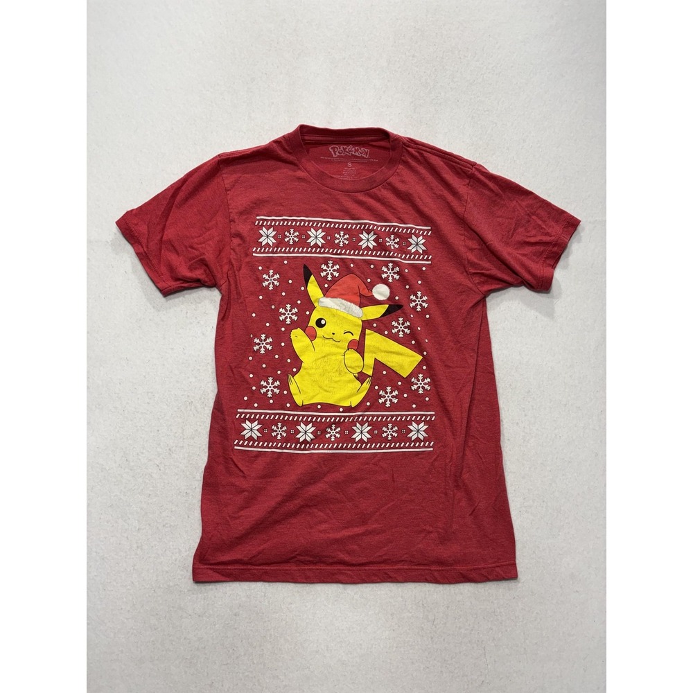 Pokemon Shirt Mens Small Red Pikachu Christmas Santa Hat Snowflake Graphic Tee